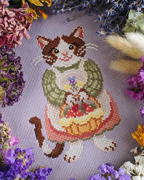 Strawberry Cat Farmer by StitchSprout Cross Stitch