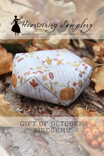 Gift of October Biscornu by Heartstring Samplery