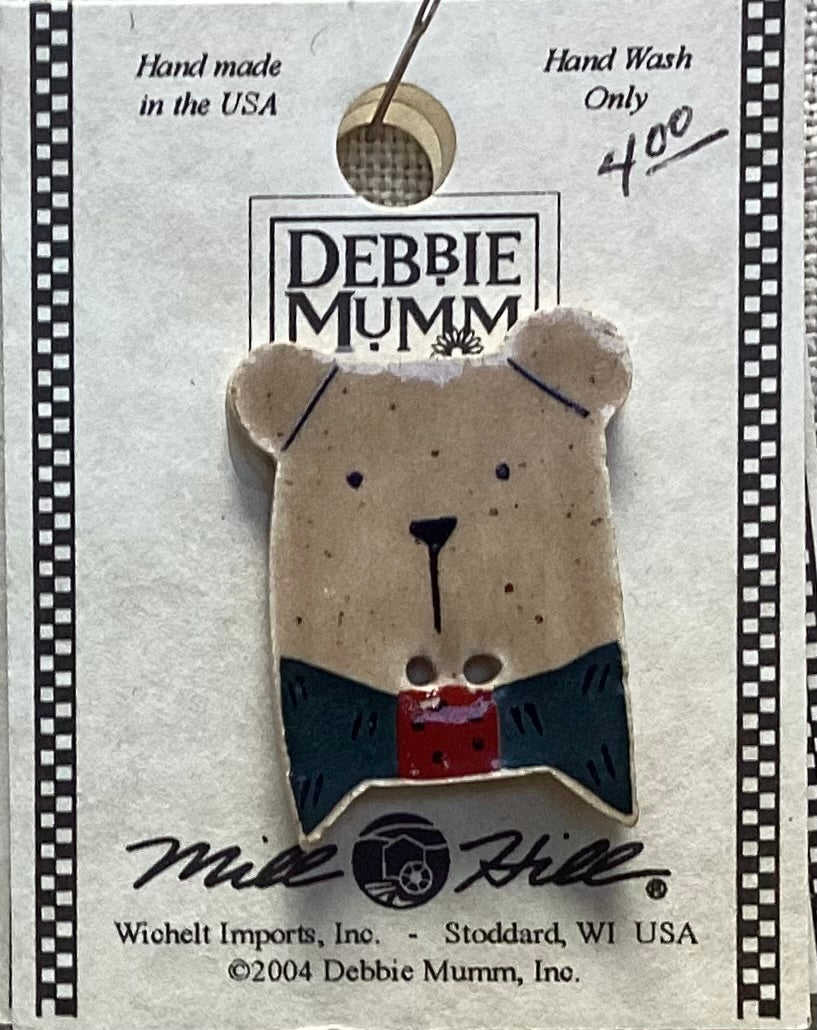 Brown Teddy Bear with Green BowTie Debbie Mumm Button by Mill Hill