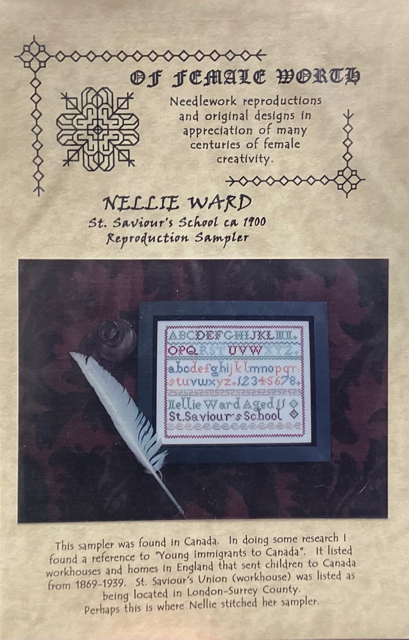 Nellie Ward: St. Saviour’s School ca 1900 Reproduction Sampler by Of Female Worth