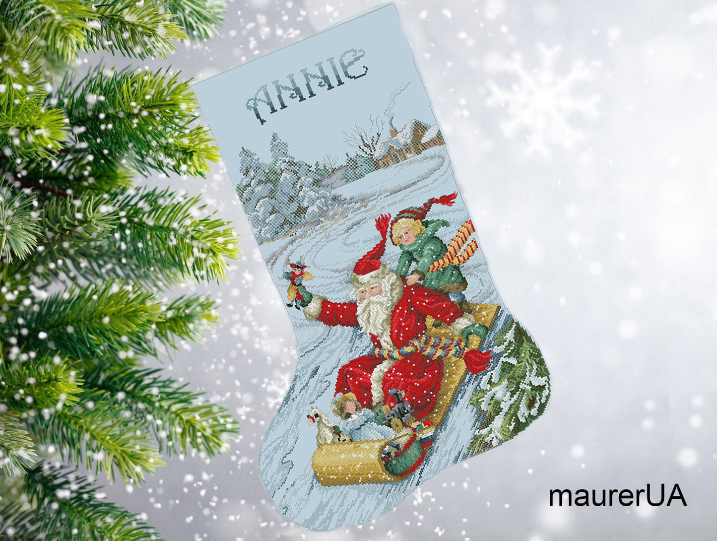 Sledding Santa Stocking by The Vermillion Stitchery