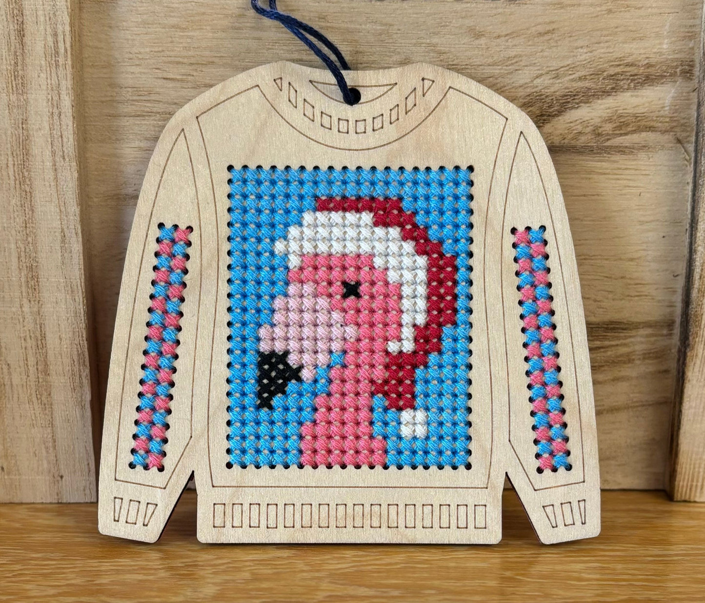 Ugly Sweater: Flamingo wood ornament kit by Canadian Stitchery