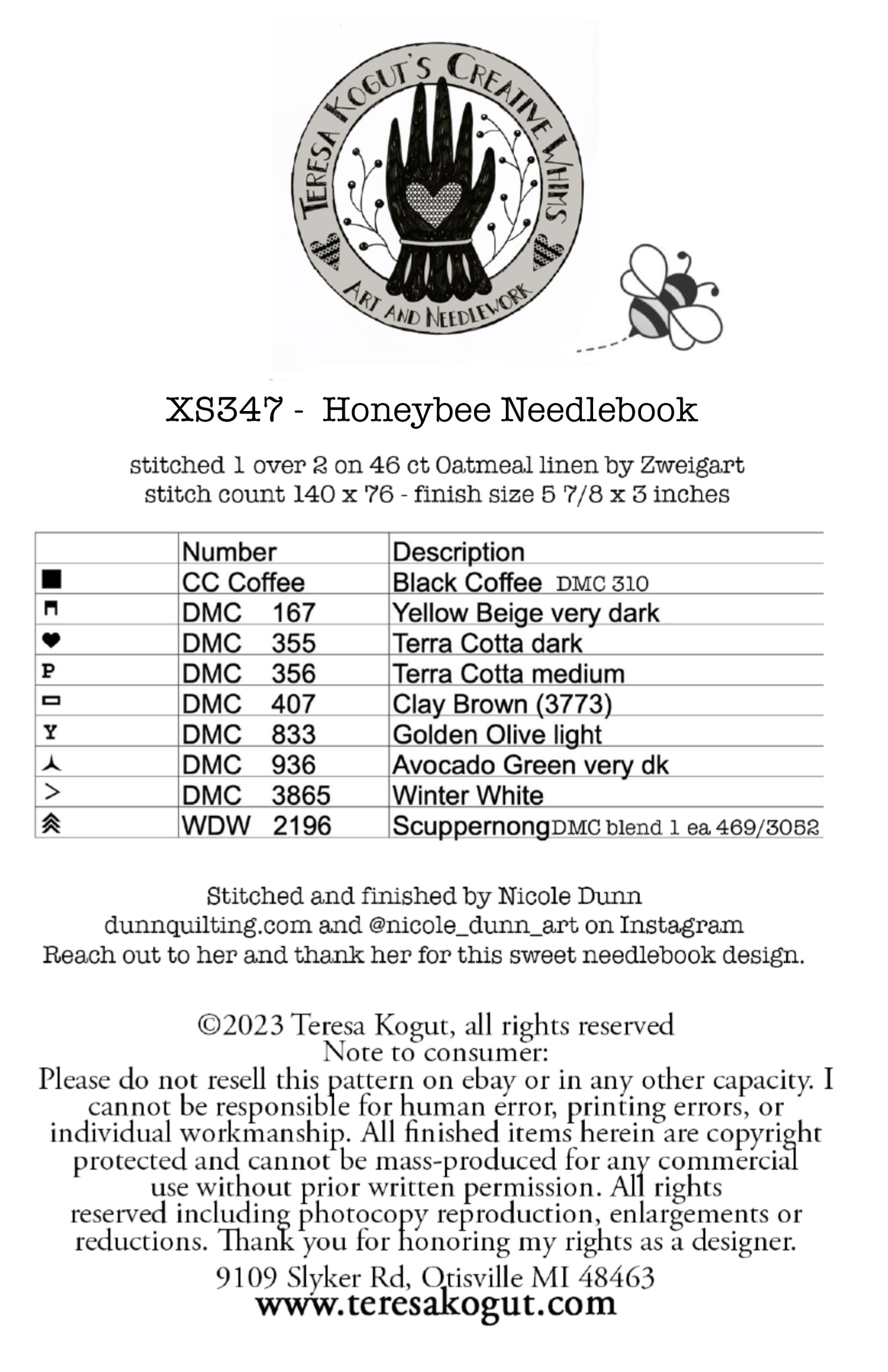 Honeybee Needlebook by Teresa Kogut xs347