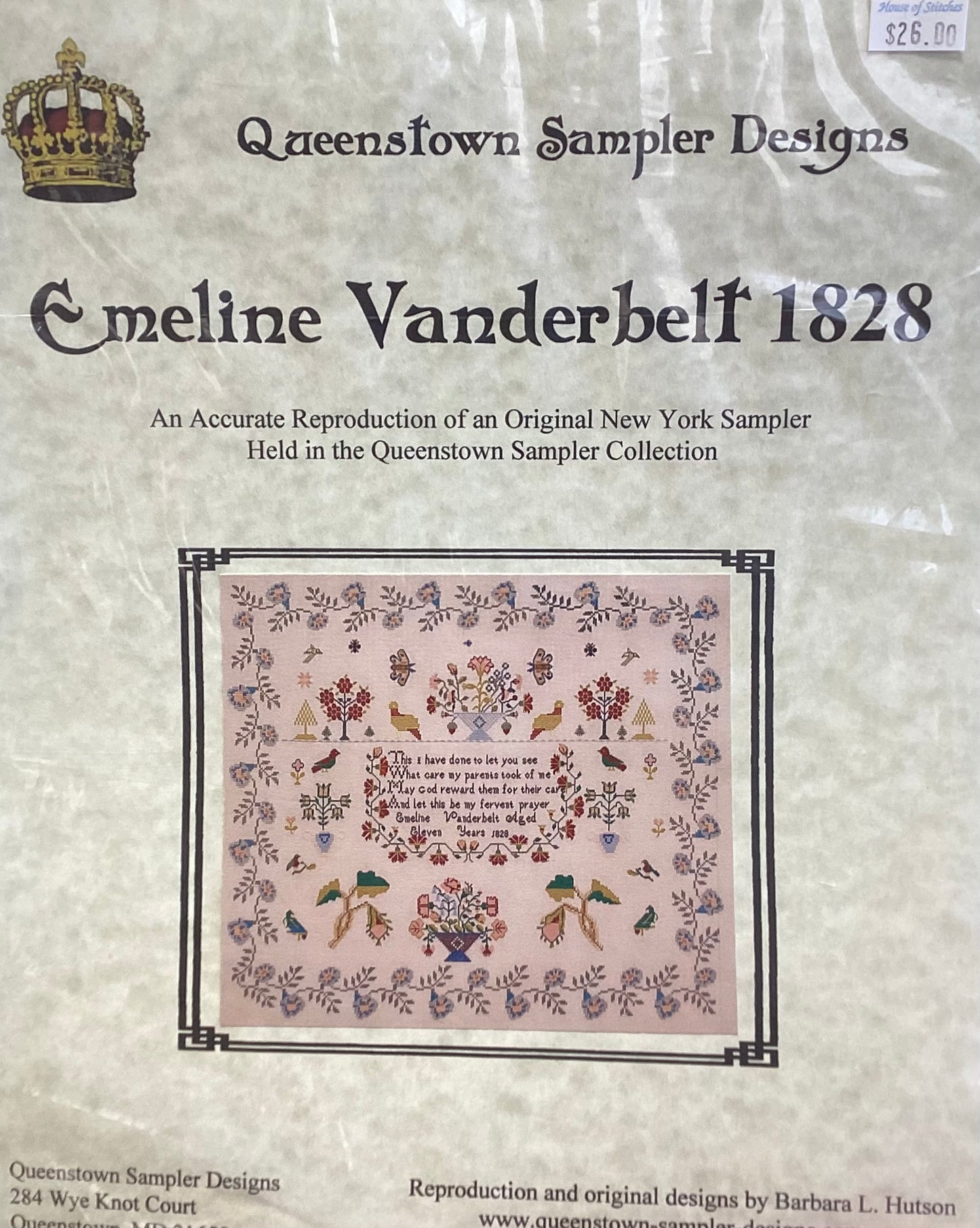 Emeline Vanderbelt 1828 by Queenstown Sampler Designs