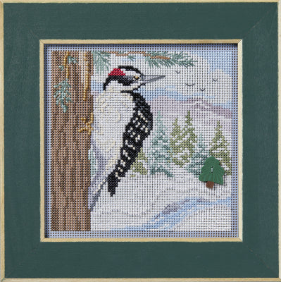 Winter Woodpecker: Buttons & Beads Winter Series 2024 kit by Mill Hill