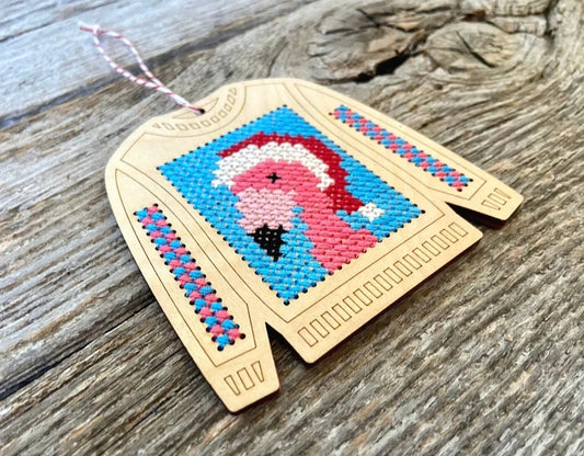 Ugly Sweater: Flamingo wood ornament kit by Canadian Stitchery